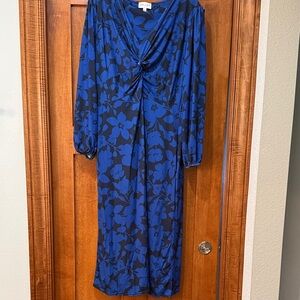 Royal Blue Floral Long-Sleeve Twist-Front Midi Dress
